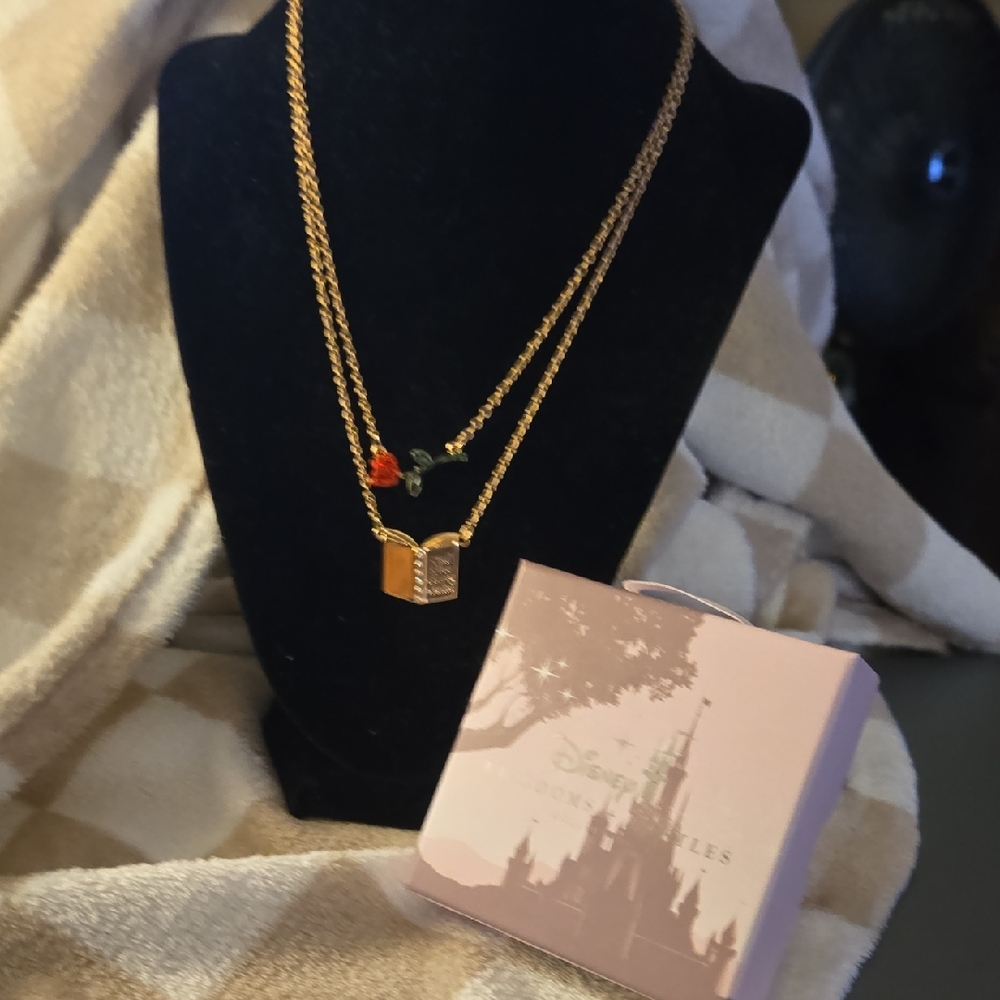 Disney Kingdoms & Castles Gold Necklace Rose /Book Charm FIND TRUE BEAUTY WITHIN